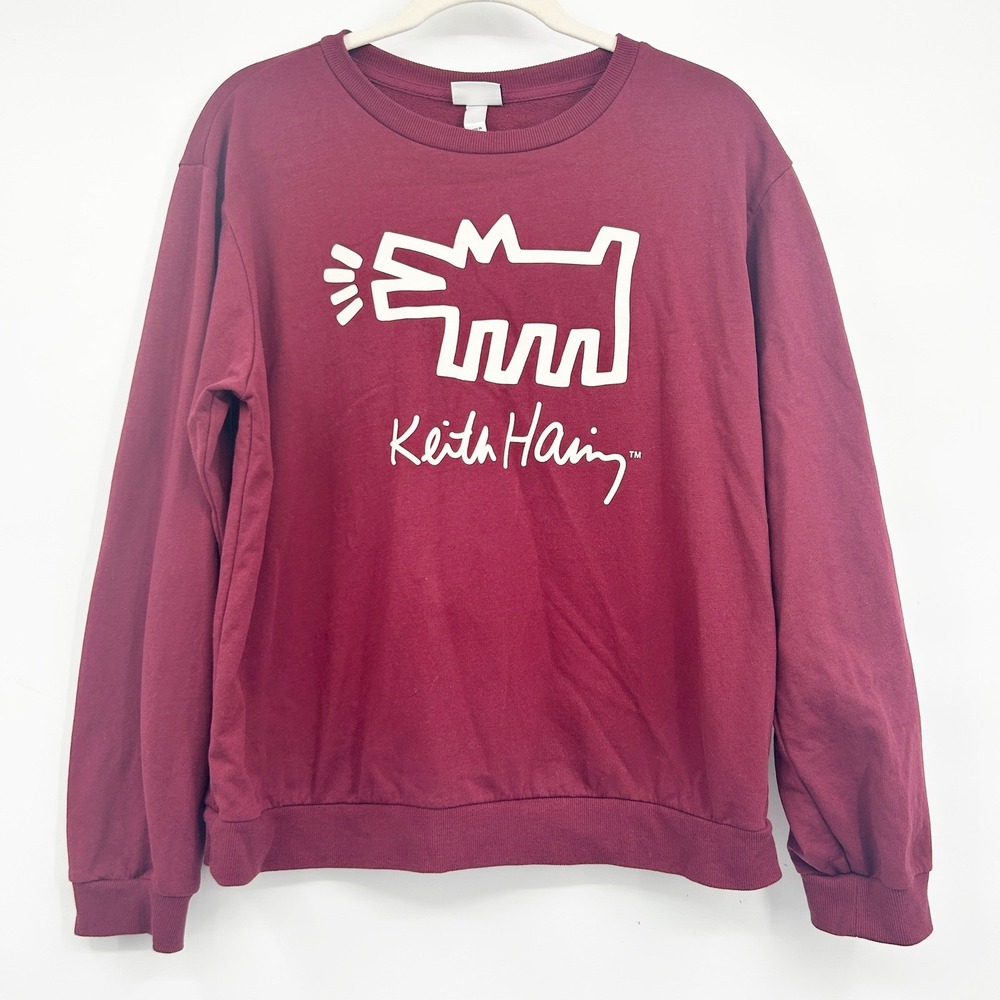 Keith Haring Unisex Burgundy‎ Barking Dog Graphic Pop Art Crewneck Sweatshirt L